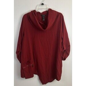 ALI MILES Asymmetric Red Cowl Neck Tunic Top Women Plus 1X Roll Sleeve Lagenlook